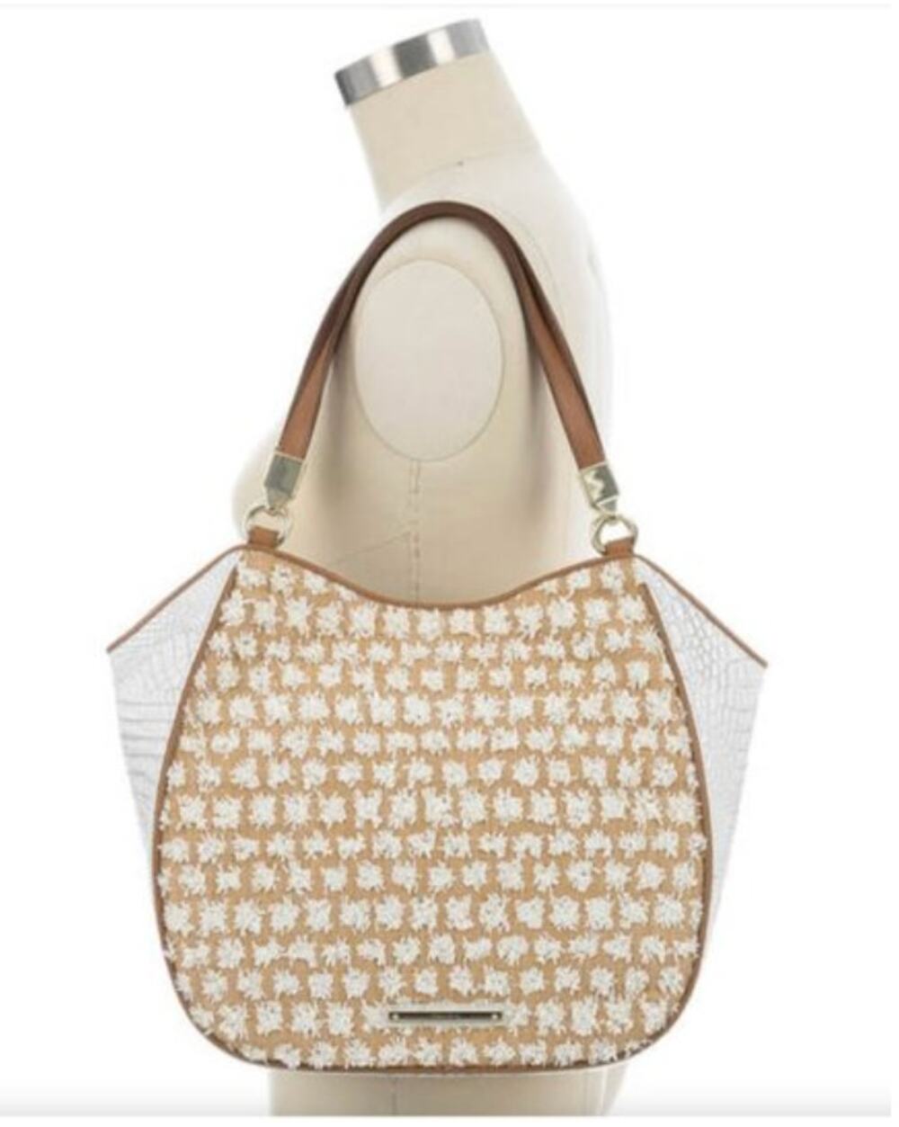 Brahmin Marianna White Bora Raffia Leather Tote Shoulder Bag Croc Embossed Large